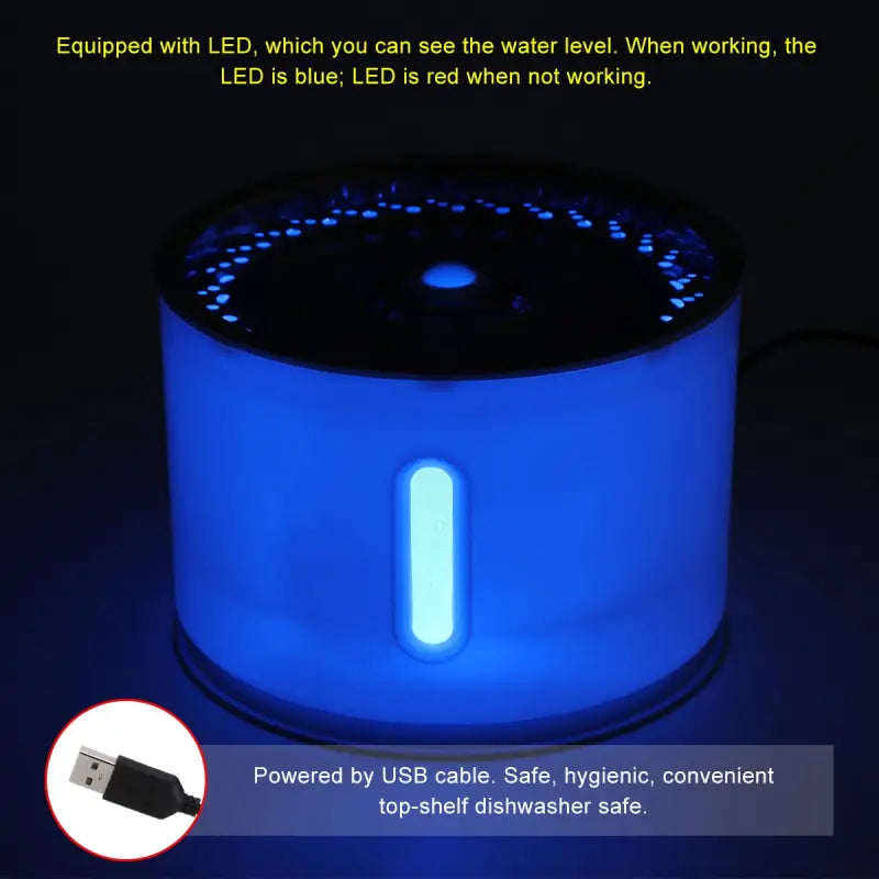 Fontaine à eau en acier inoxydable pour chats avec lumière bleue sur table - Fontaine en acier inoxydable