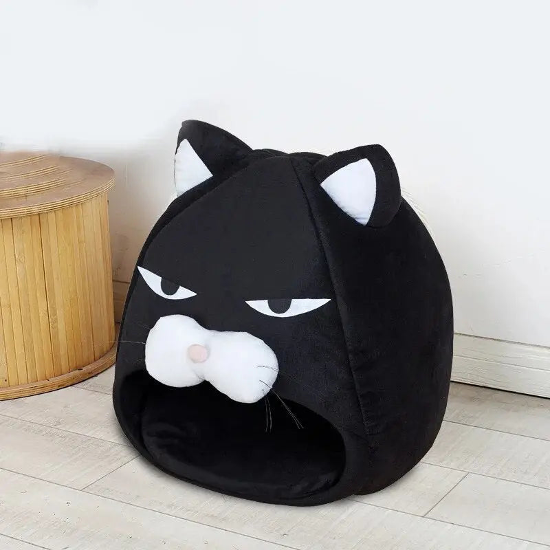 Tente pour chat à motif d’ours : Lit douillet en forme de chat avec un motif de visage de chat noir et blanc