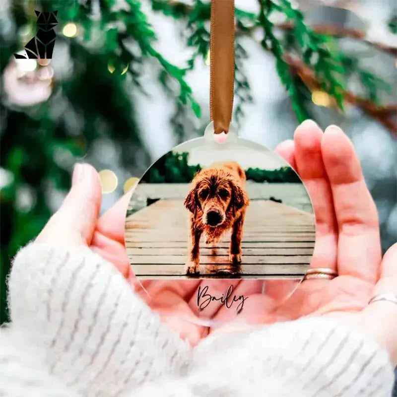 Personne tenant une décoration de Noël avec un chien dans un cadre photo acrylique durable personnalisable