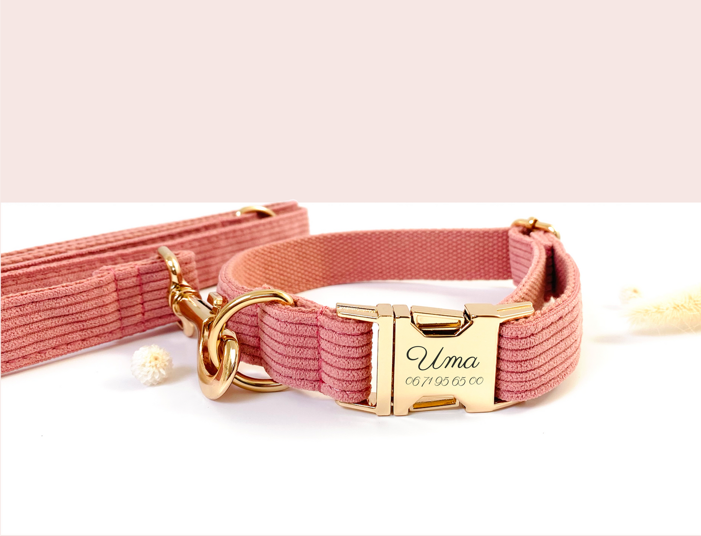 Collier Chien Personnalisé Velours Côtelé Corail