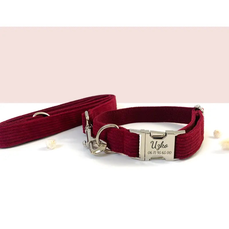 Collier Chien Personnalisé Velours Côtelé Bordeaux