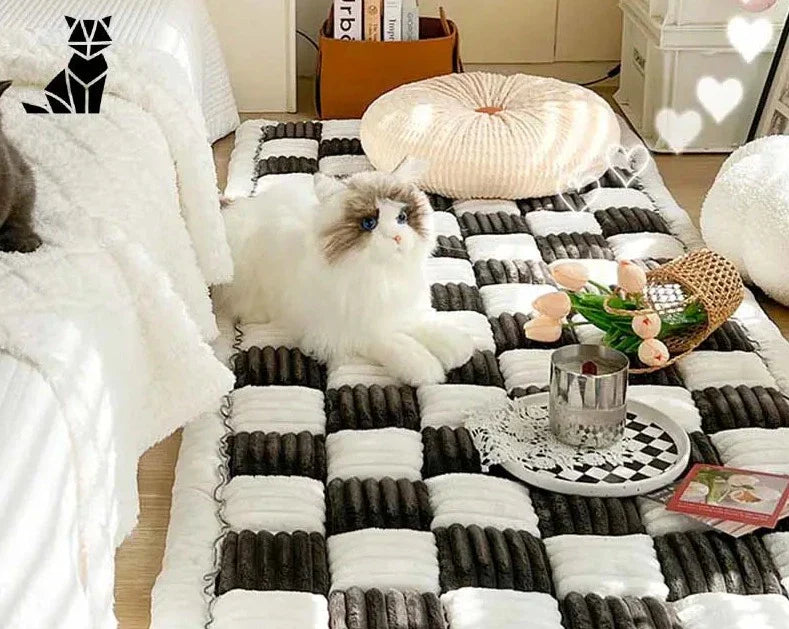 Le chat sur le tapis de la pièce avec la housse de canapé à carreaux crème ajoute du style et de la protection