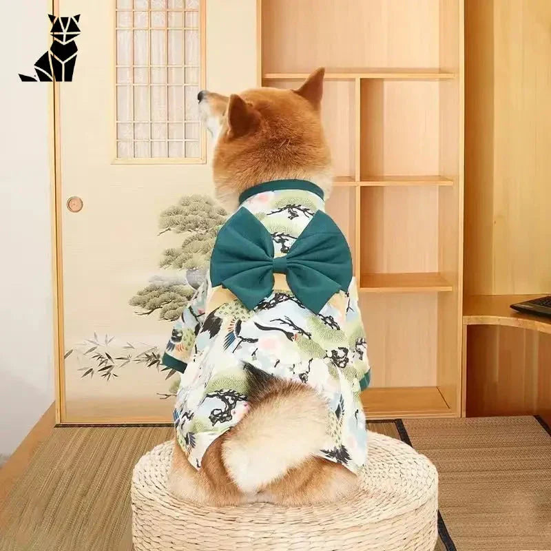 Chien en kimono japonais avec nœud papillon et chemise verte de Vêtements pour Chiens et Chats : Japanese Kimono Style