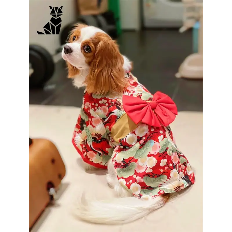 Chien portant une robe à fleurs rouges et blanches - Vêtements pour Chiens et Chats : Kimono japonais