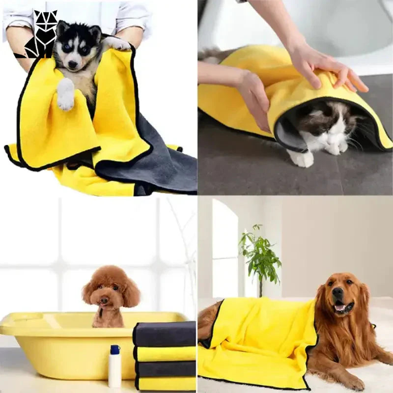 Chien en lit banane portant le peignoir Rapidity Absorbent, parfait pour un séchage rapide