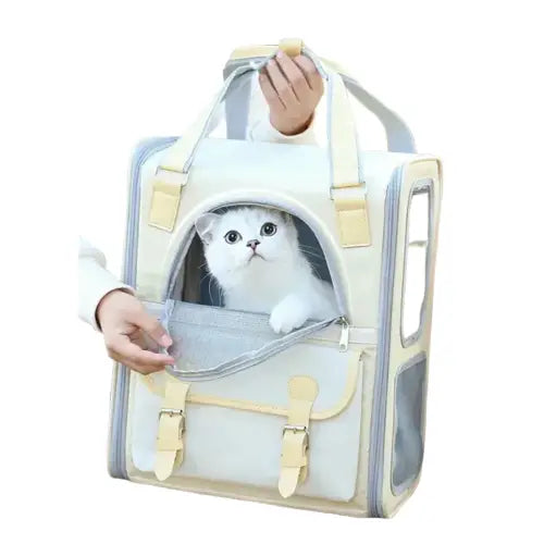 Femme tenant un chat dans un sac blanc : Cat Transport Bag pour un transfert facile et confortable Transparent Background