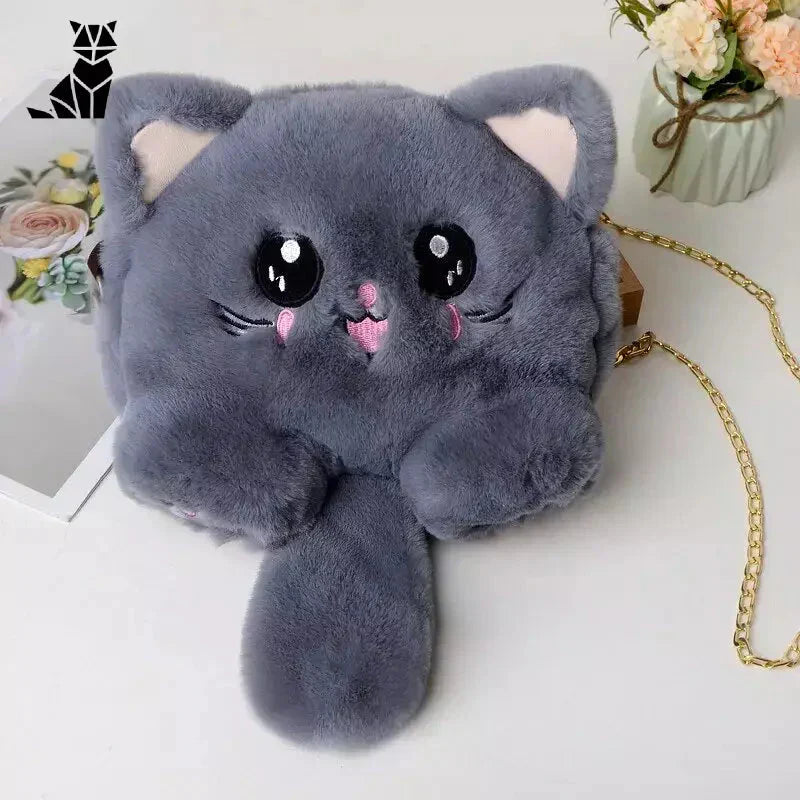 Peluche sac pour femme : sac à main gris en peluche avec chaîne, sac à bandoulière élégant pour femme